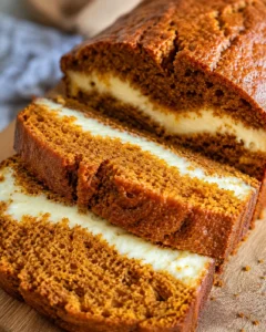 Close-up of moist pumpkin bread with cream cheese swirl in the middle.