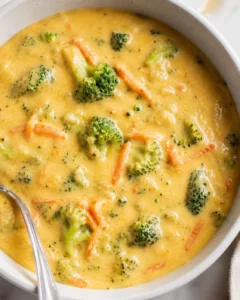 A bowl of creamy broccoli cheddar soup with broccoli florets and shredded carrots.