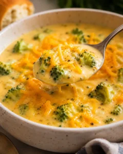 Rich, cheesy broccoli soup with tender broccoli pieces and melted cheese.
