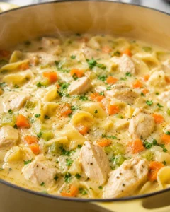 Delicious, hearty creamy chicken noodle soup with vegetables and tender chicken chunks.