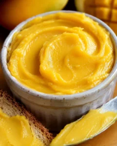 Smooth, vibrant yellow mango butter in a white jar with bread and mango slices nearby.