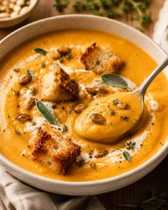 A bowl of velvety roasted butternut squash soup topped with croutons, seeds, and herbs.