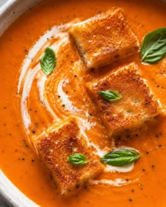 Rich tomato soup topped with croutons and fresh basil leaves.