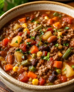 Hearty crockpot cowboy soup with beef, beans, vegetables, and spices in a bowl.