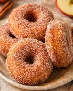 Golden crispy apple cider donuts coated with sugar on a plate.