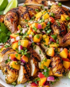 Juicy grilled chicken topped with colorful fresh peach salsa and garnished with cilantro.
