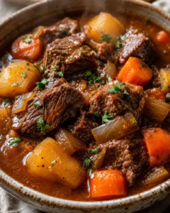 A bowl of rich beef stew with vegetables, seasoned and garnished with herbs.