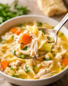 A comforting bowl of homemade chicken noodle soup with shredded chicken, vegetables, and herbs