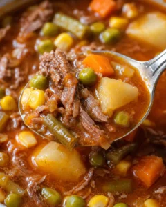 Hearty homemade vegetable beef soup with tender beef and colorful veggies in a rich broth
