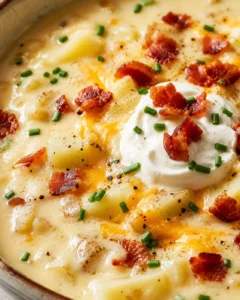 Creamy soup topped with bacon, cheese, chives, and sour cream in a bowl
