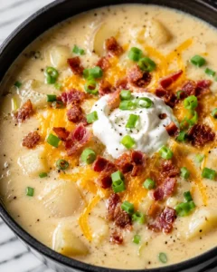 Creamy baked potato soup topped with bacon, cheese, and green onions.