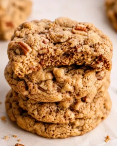 Stack of soft, chewy maple pecan cookies with crunchy nuts and warm spices