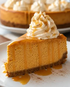 Creamy pumpkin cheesecake topped with whipped cream and caramel drizzle.