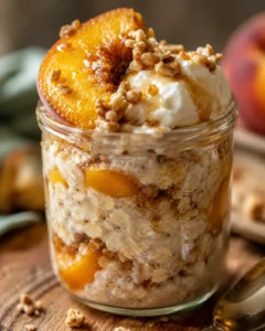 Creamy oats with fresh peaches and crunchy toppings in a glass jar