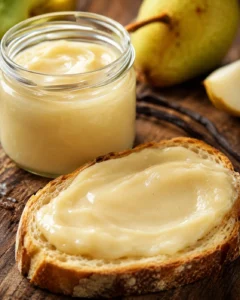 Creamy pear and vanilla spread on a rustic bread slice, with fresh pears in background