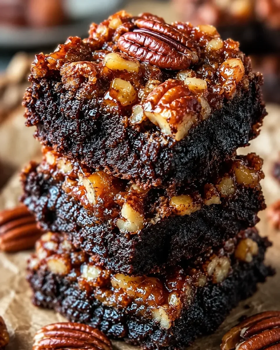 Rich, fudgy brownies topped with caramelized pecans and crunchy pecan halves.