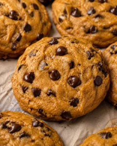Close-up of soft pumpkin chocolate chip cookies with melted chocolate chips.