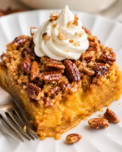 Close-up of pumpkin crunch cake topped with whipped cream and pecans.