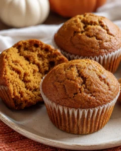 Freshly baked pumpkin muffins with a warm, golden crust on a plate.