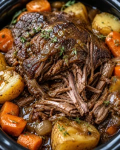 Close-up of tender slow-cooked beef with vegetables in a crockpot.