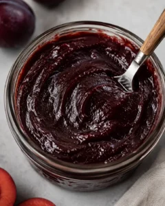 Rich, smooth homemade plum butter with vanilla bean flavor in a glass jar