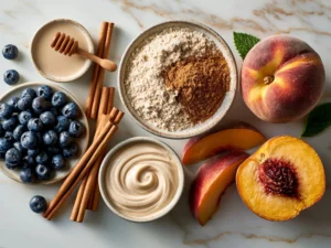 Ingredients for Cinnamon Spiced Baked Peaches including peaches, brown sugar, cinnamon, nutmeg, lemon juice, butter, vanilla extract.