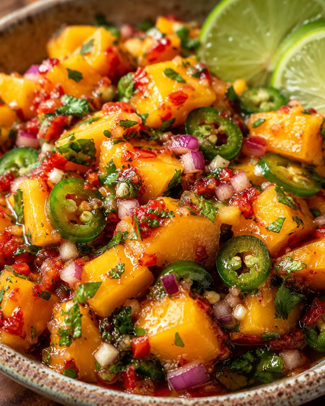 Colorful peach and jalapeño salsa with lime slices in a bowl.
