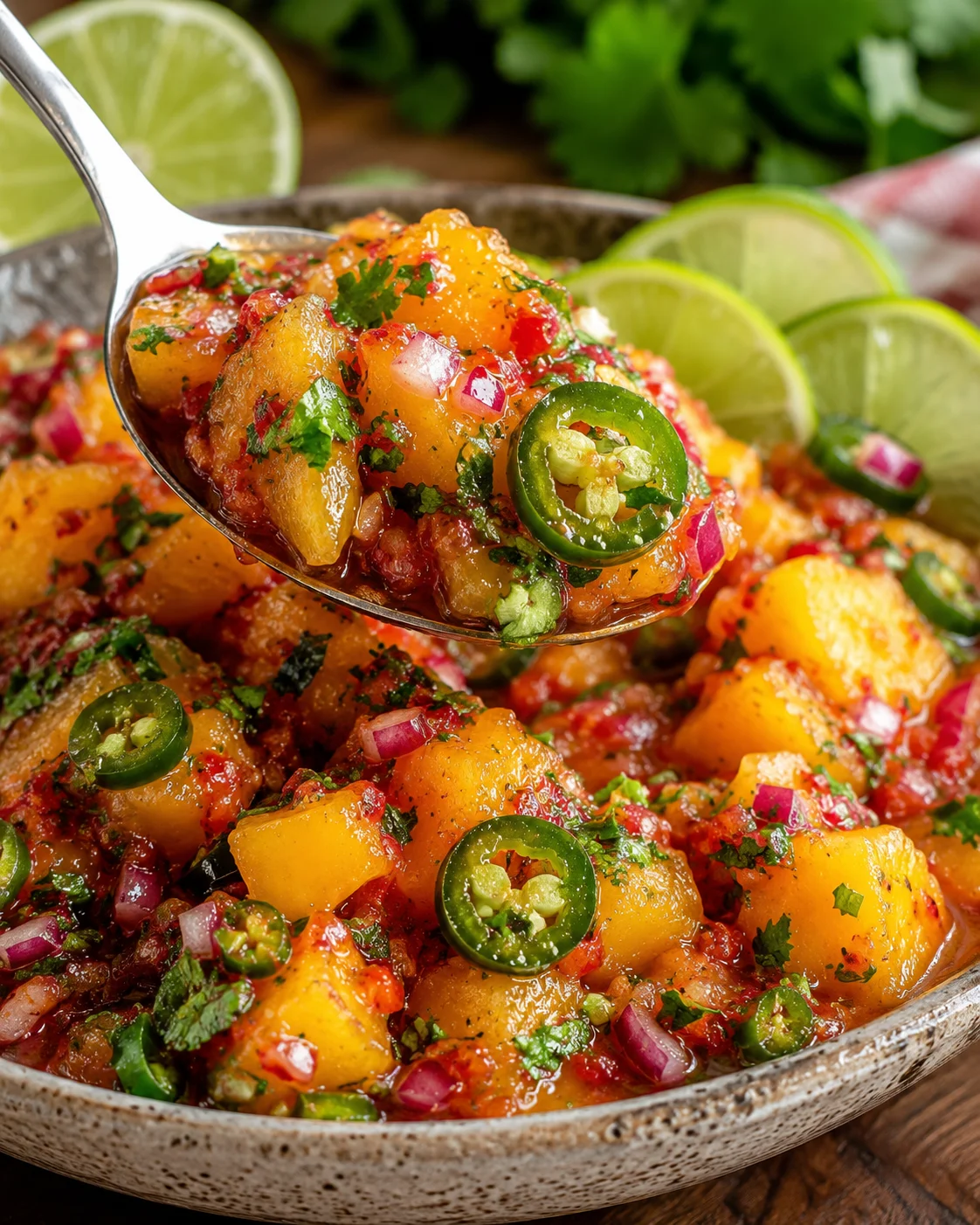 Close-up of vibrant peach jalapeño salsa garnished with lime slices
