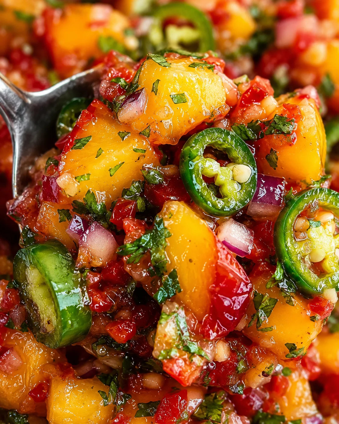 Colorful fresh peach jalapeño salsa with lime on a spoon, vibrant and spicy.