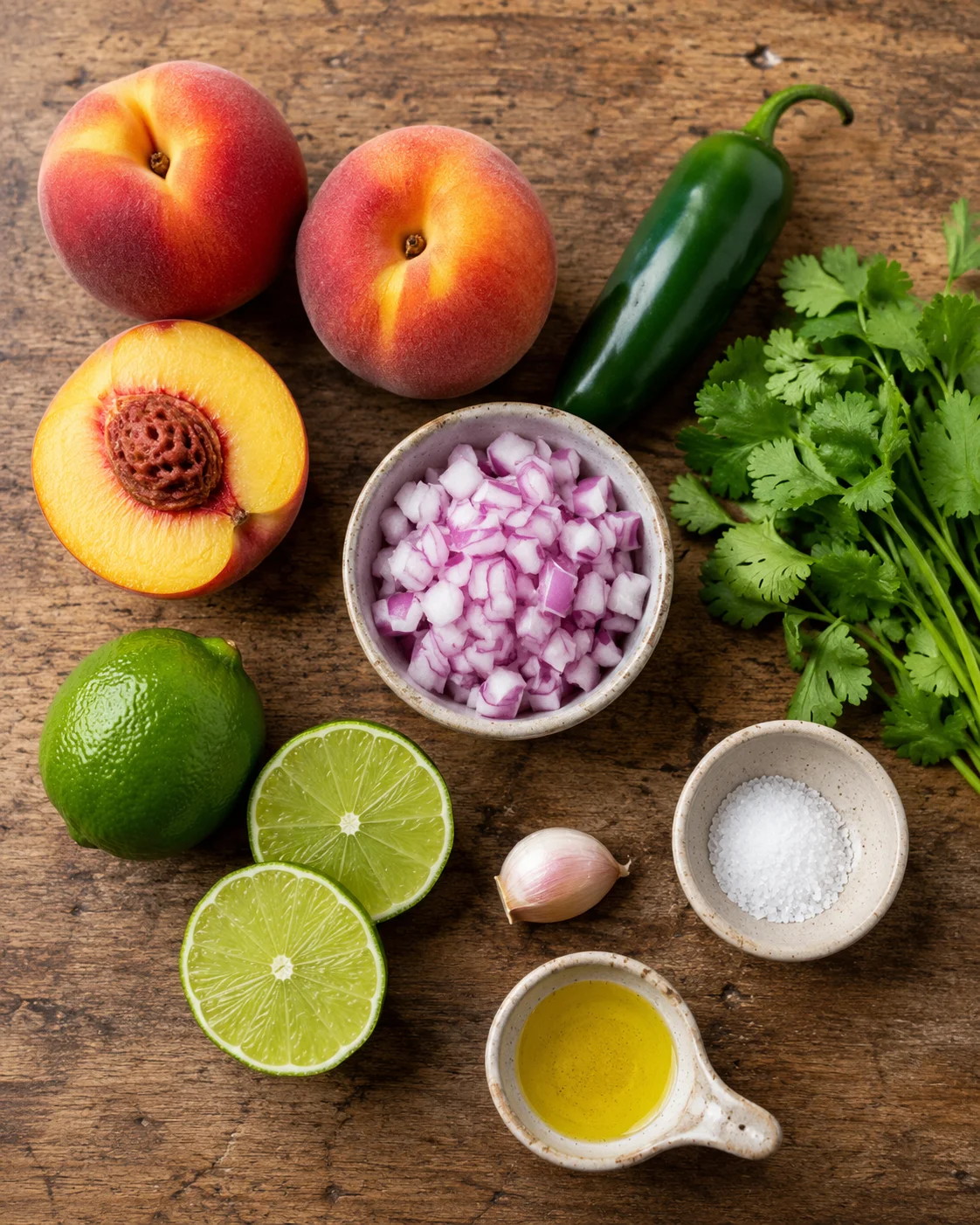 Ingredients for peach jalapeño salsa, including peaches, lime, cilantro, onion, and jalapeño.