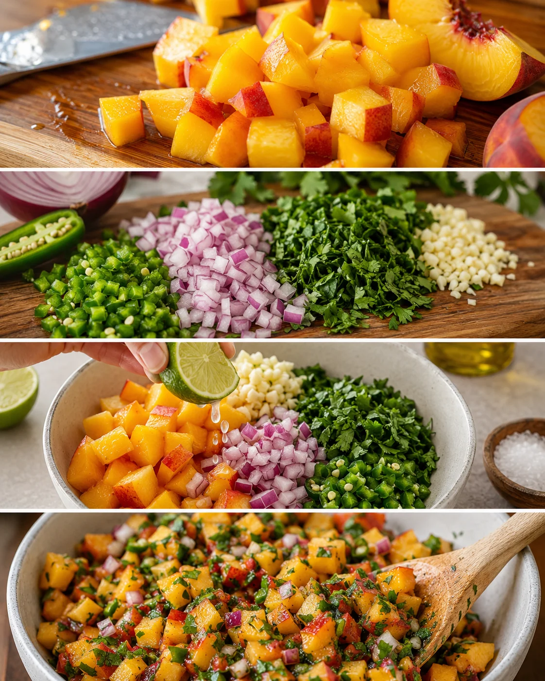 Colorful image of freshly diced peaches, onions, jalapeños, and herbs for salsa.