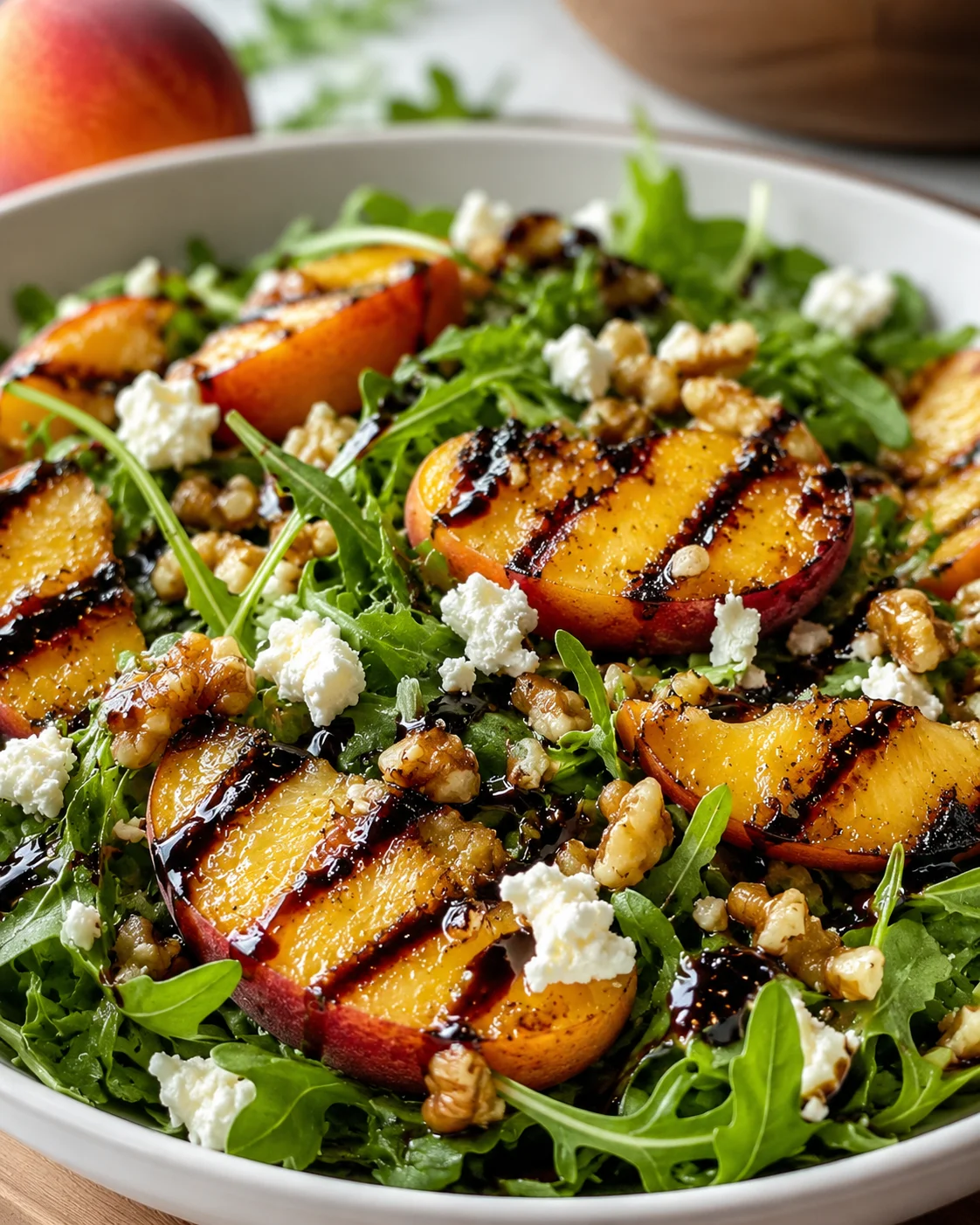 Fresh grilled peach salad with arugula, goat cheese, walnuts, and balsamic glaze.