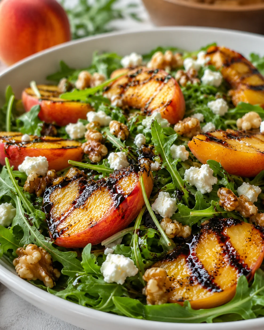 Fresh grilled peach salad with arugula, goat cheese, walnuts, and balsamic glaze.