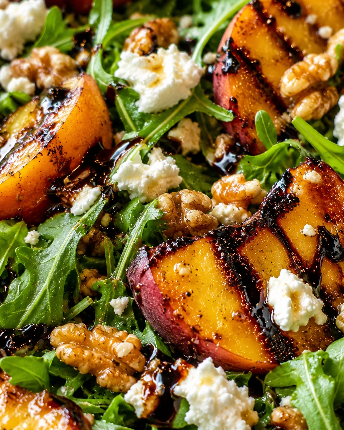 Delicious grilled peach salad with arugula, walnuts, and balsamic glaze.