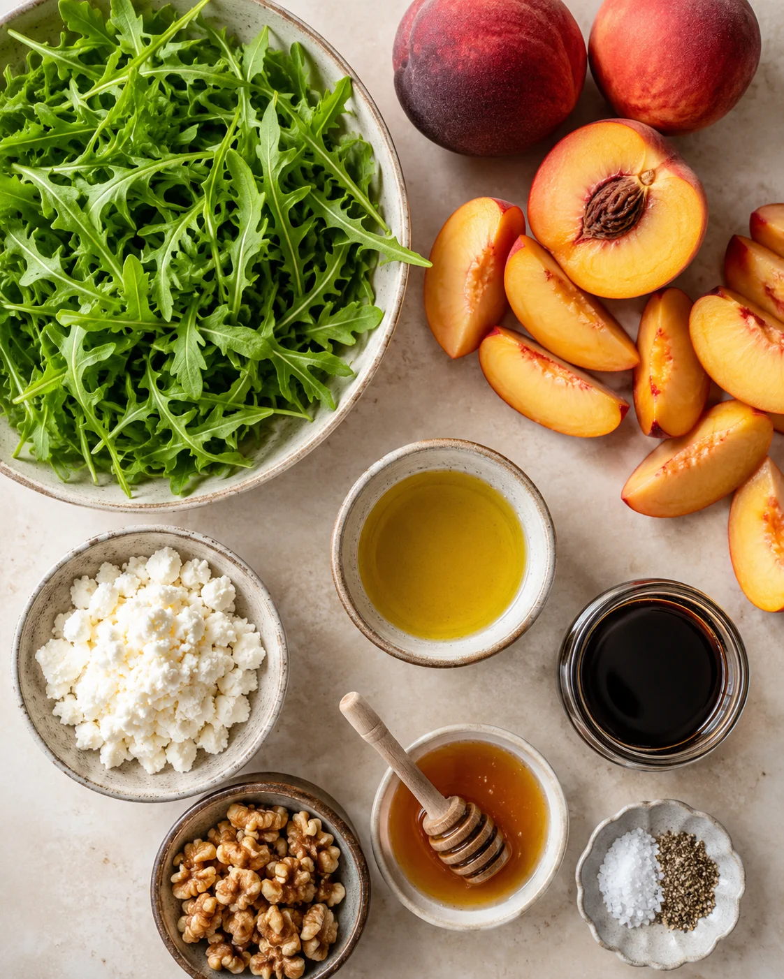 Vibrant ingredients for grilled peach salad including peaches, arugula, cheese, and walnuts.