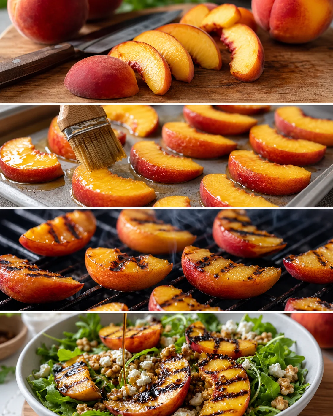 Fresh peaches being grilled and assembled into a colorful summer salad.