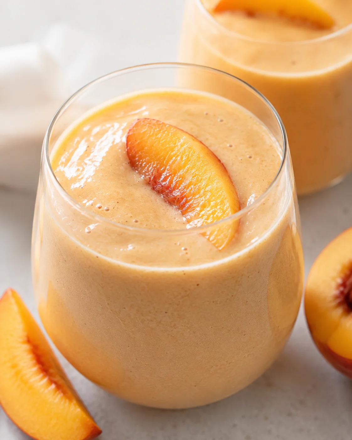 Creamy peach smoothie with a peach slice garnish in a clear glass.