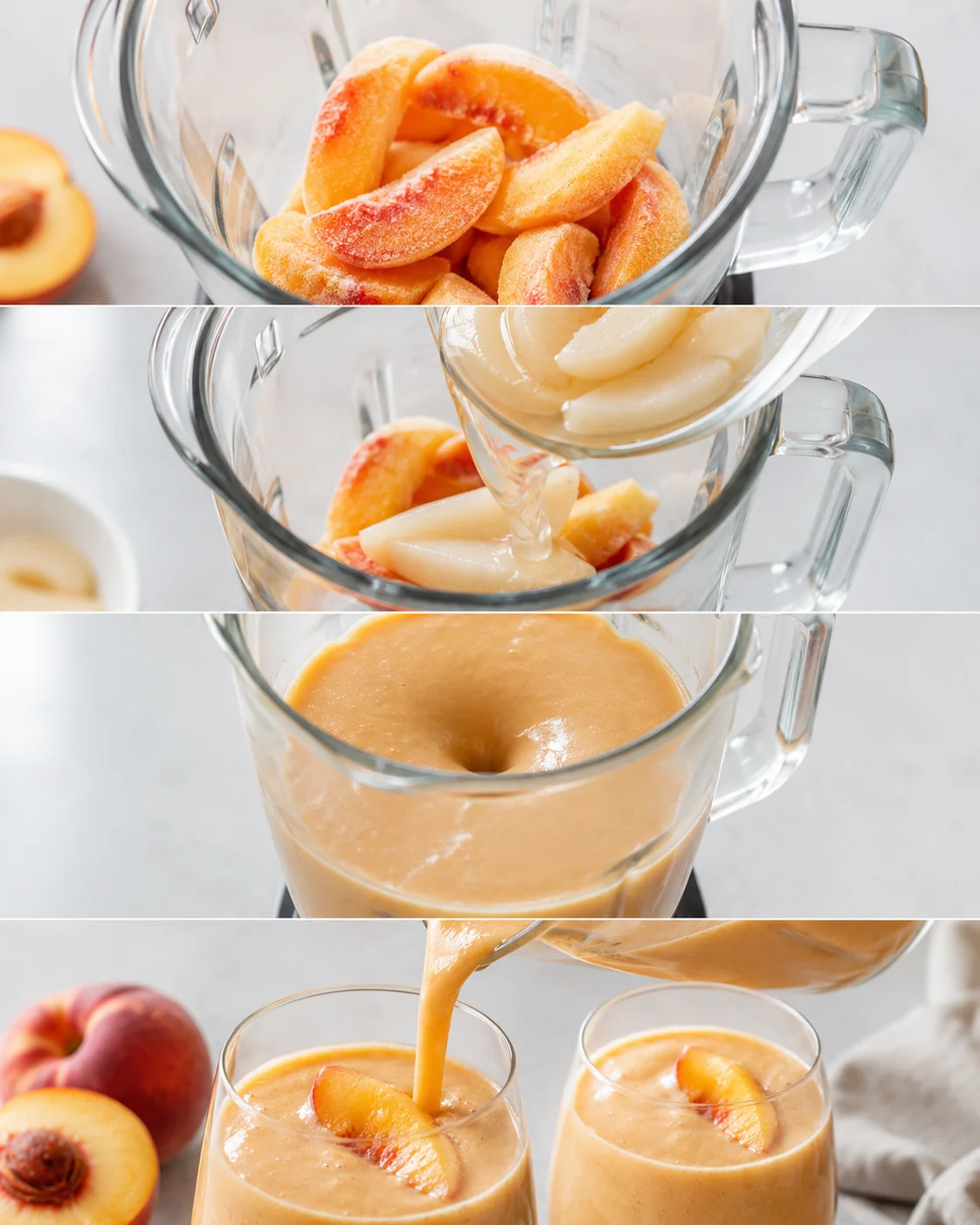 Creamy peach smoothie with fresh peaches and canned pears in a glass.