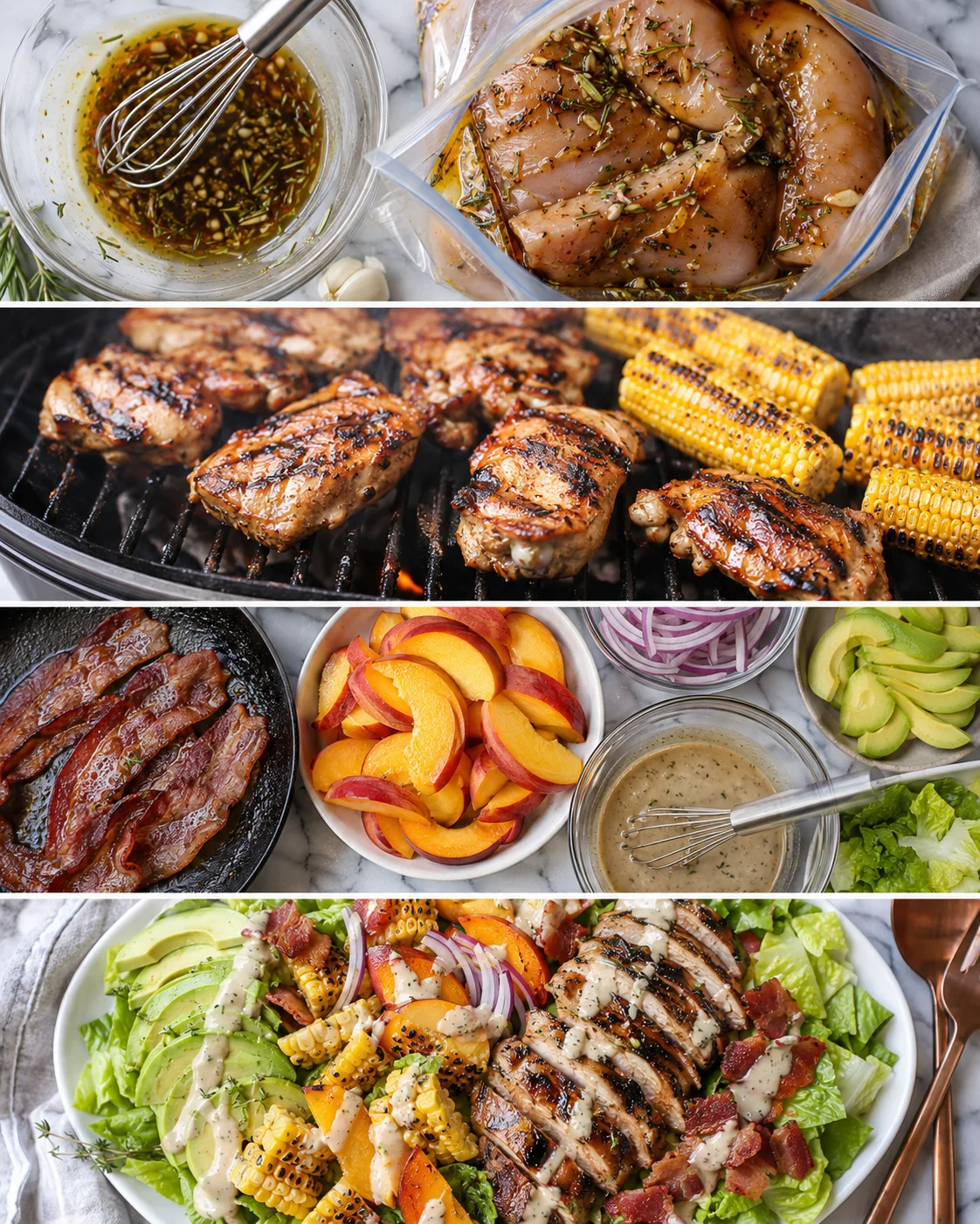Colorful grilled chicken and fresh peach salad with bacon, corn, and creamy dressing