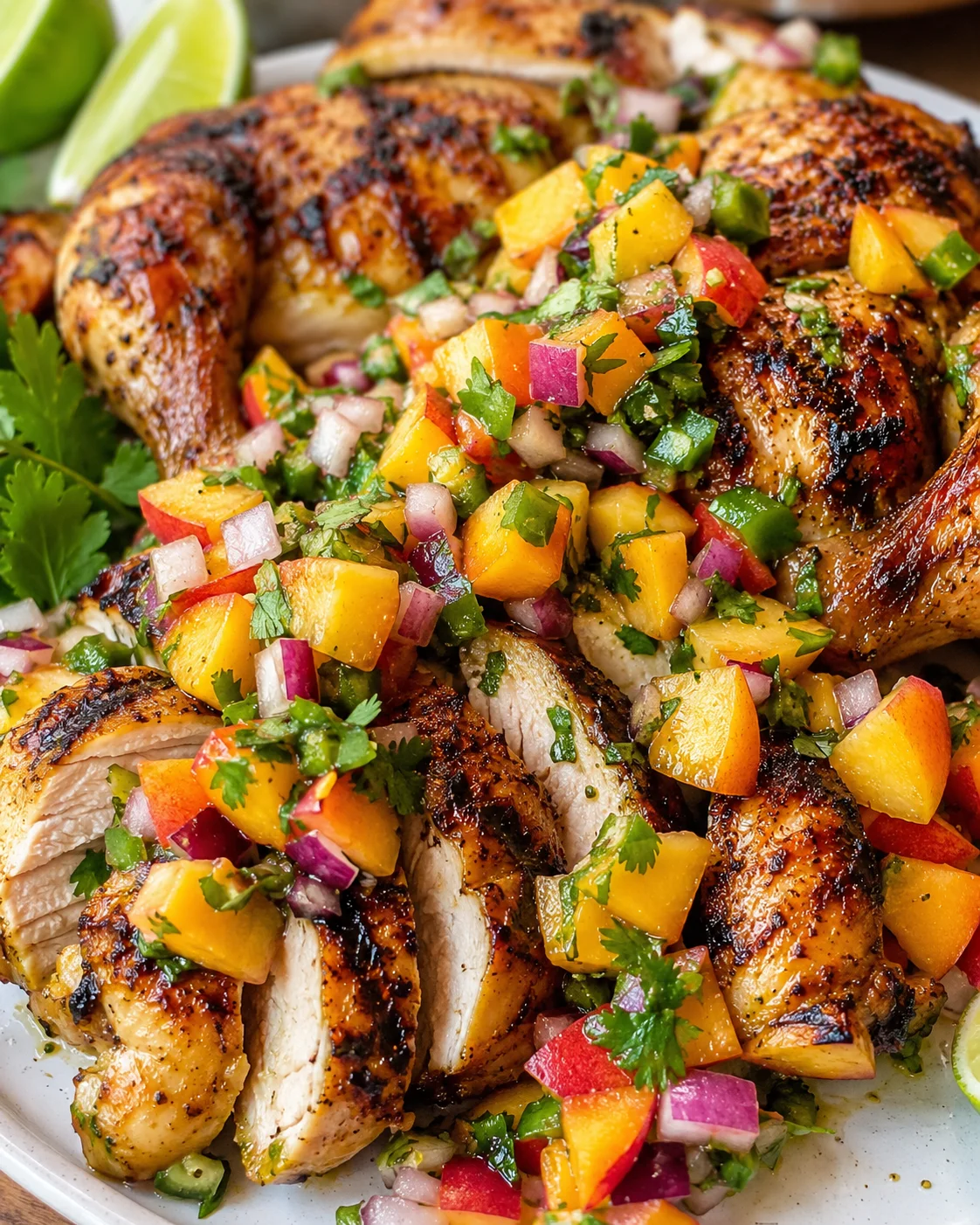 Juicy grilled chicken topped with colorful fresh peach salsa and garnished with cilantro.