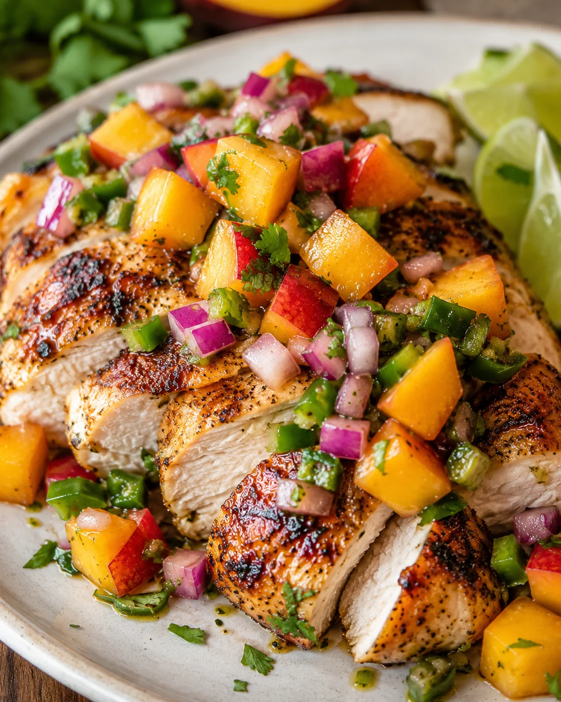 Juicy grilled chicken topped with colorful peach salsa and lime wedges.
