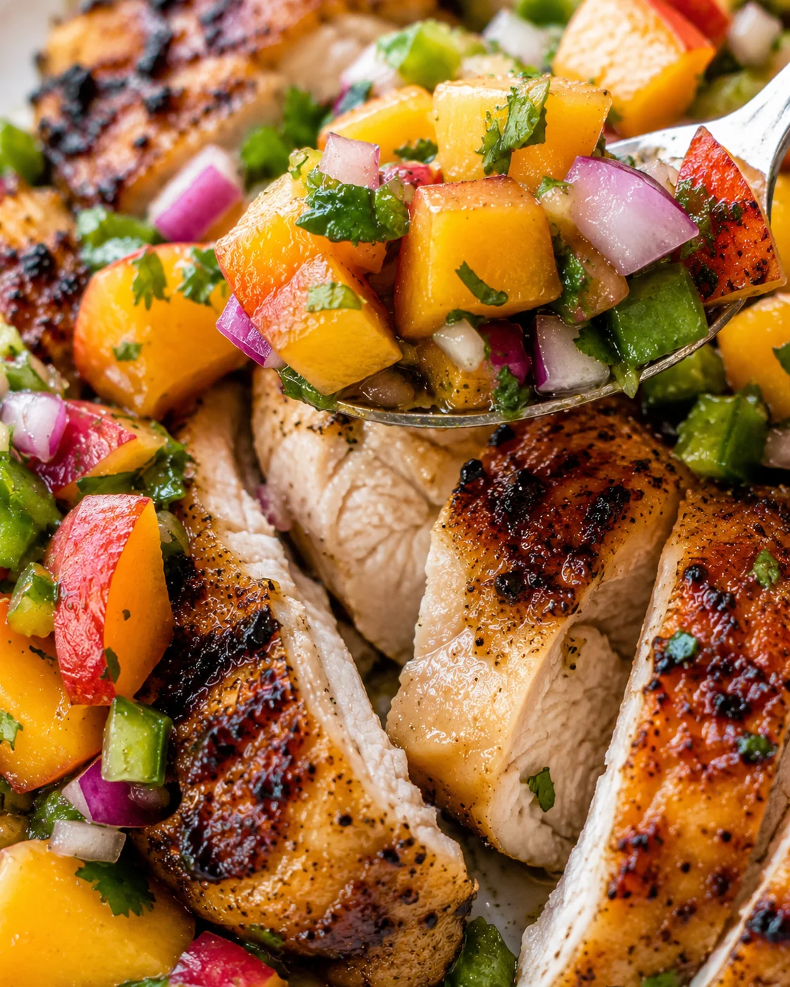 Delicious grilled chicken topped with vibrant peach salsa and fresh herbs