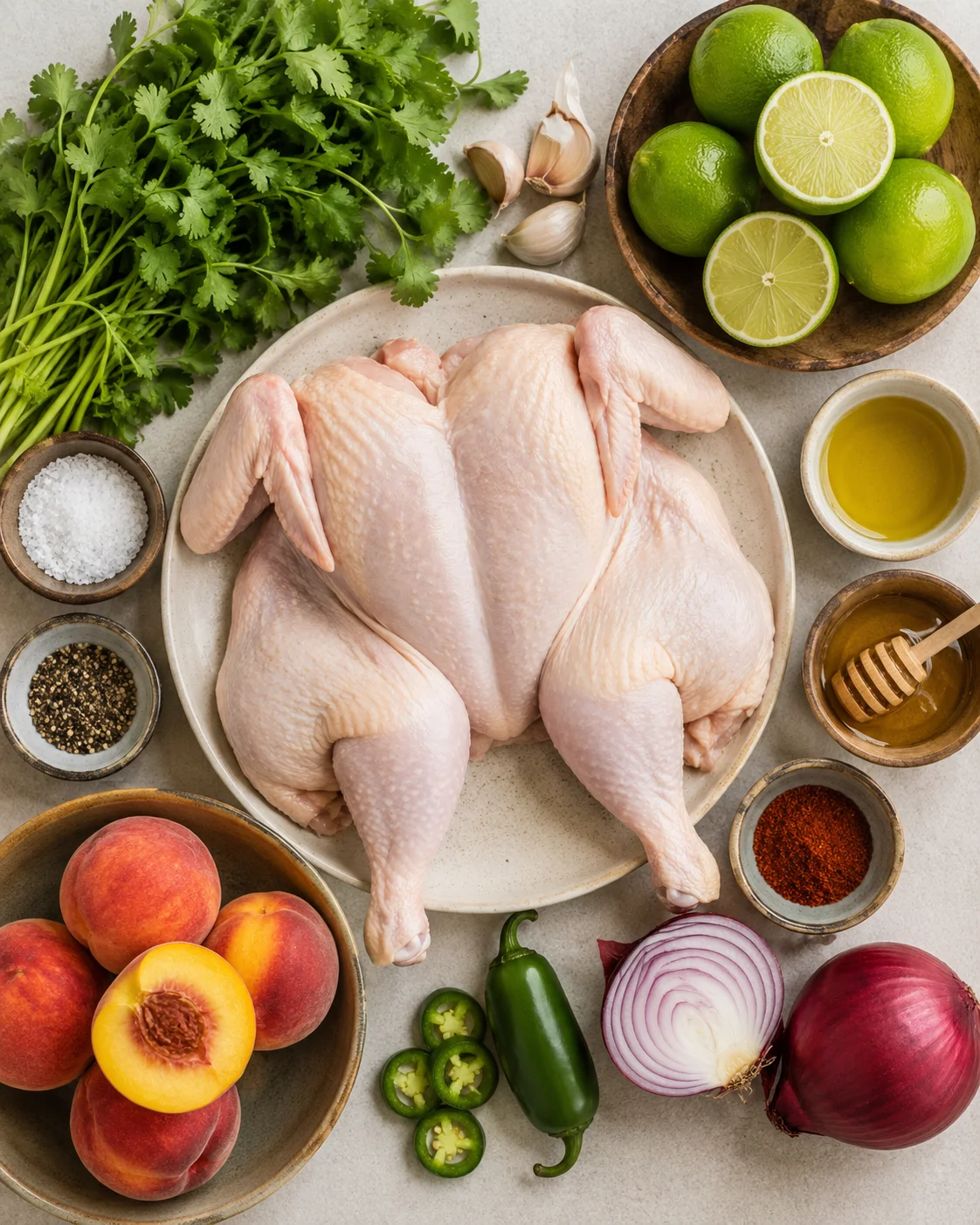 Raw chicken surrounded by cilantro, limes, garlic, peaches, onion, and spices for grilling
