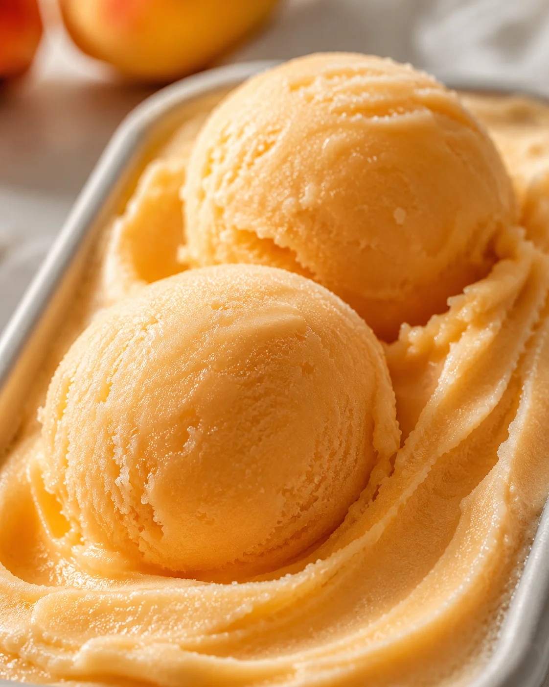 Creamy peach sorbet with scoops in a white dish, close-up shot.