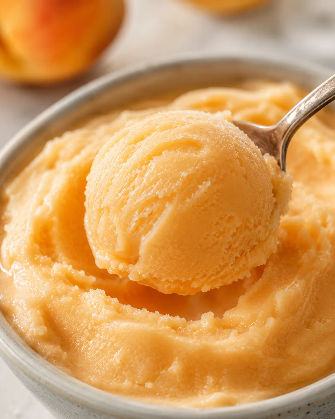 Close-up of smooth, scoopable peach sorbet in a bowl with a spoon