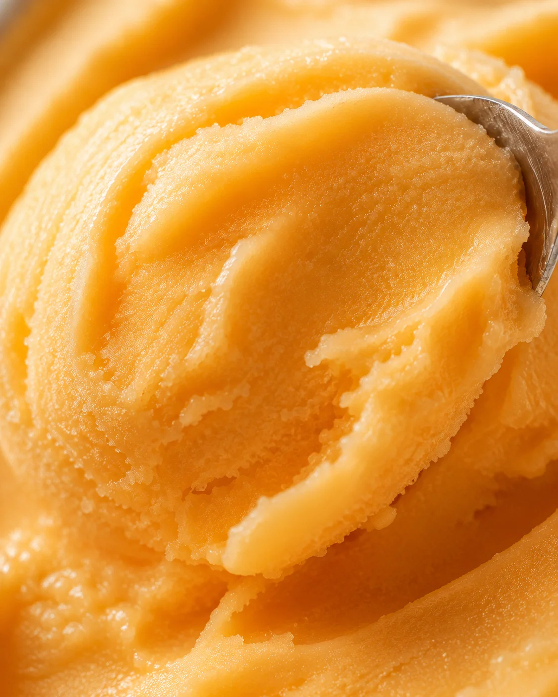 Close-up of smooth, vibrant peach sorbet with a spoonful scooped out.