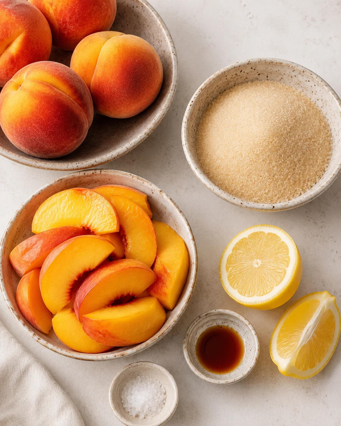 Bowl of ripe peaches, peach slices, lemon halves, and ingredients for sorbet