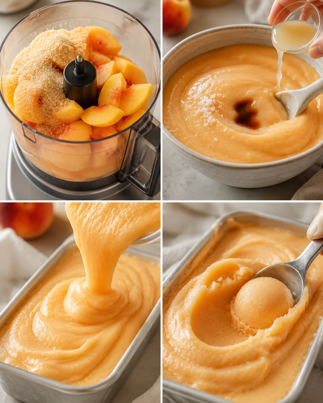 Creamy, bright peach sorbet made with ripe peaches, sugar, lemon juice, and vanilla.