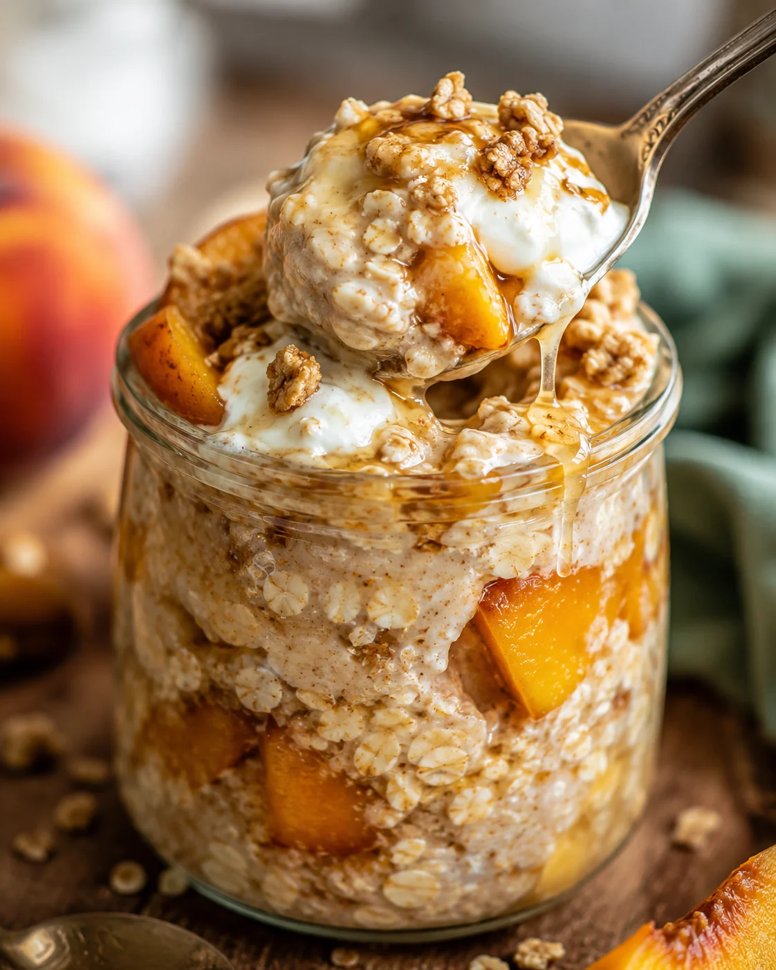 Creamy overnight oats topped with fresh peaches and crunchy toppings in a jar.