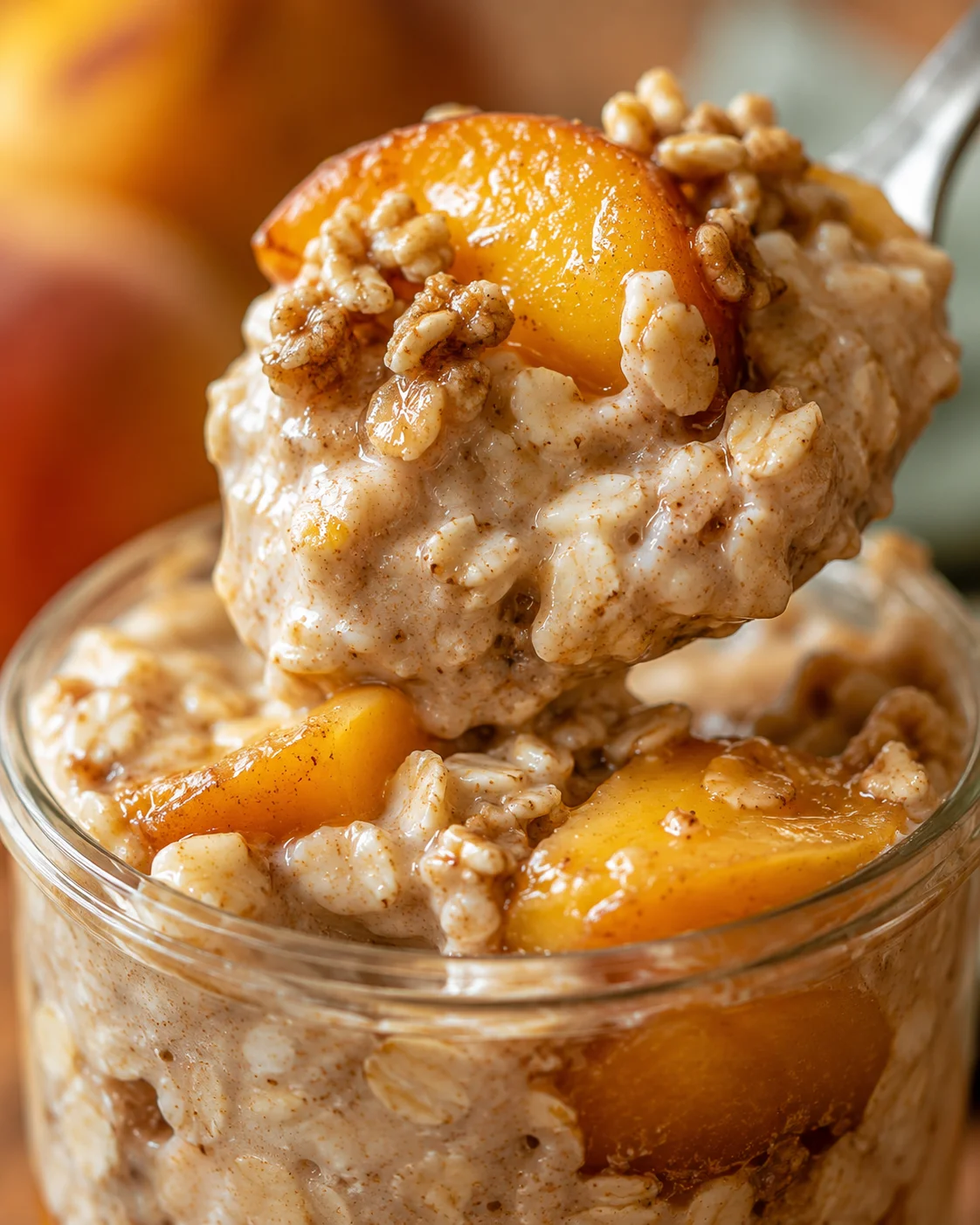 Creamy oatmeal topped with fresh peaches and crunchy toppings in a glass jar.